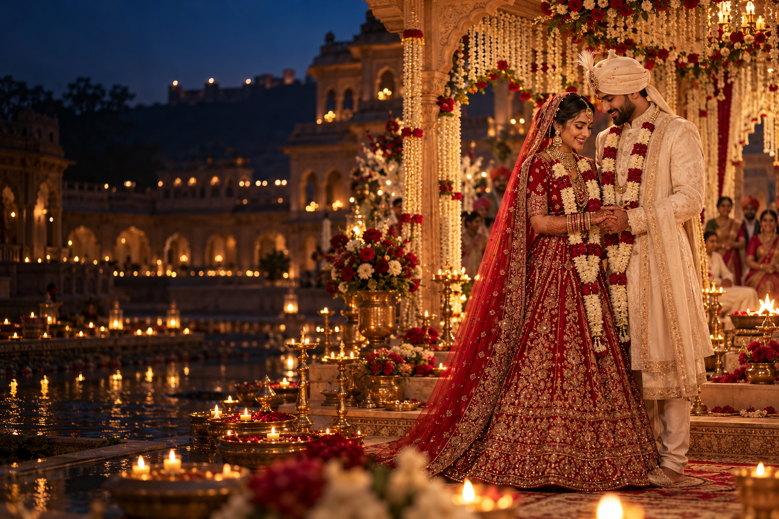 Illustrative Indian bride and groom celebrating beneath a flower-filled palace mandap